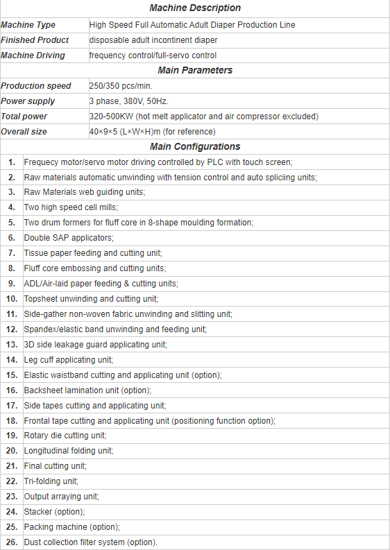Especifica&ccedil;&atilde;o da m&aacute;quina de fraldas para adultos